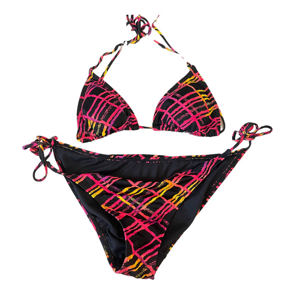 Tilly's Black Neon Abstract Lines String Bikini Swimsuit Women's Size Medium - Picture 3 of 8